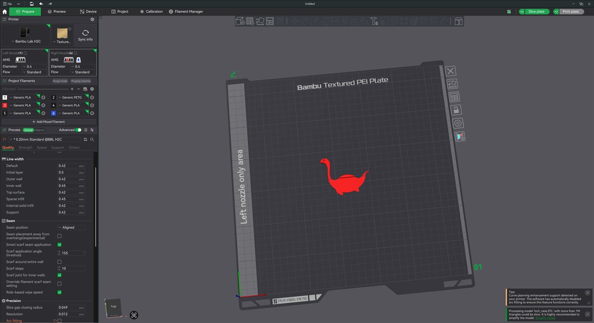 A dinosaur bookmark arranged on the print bed in slicing software