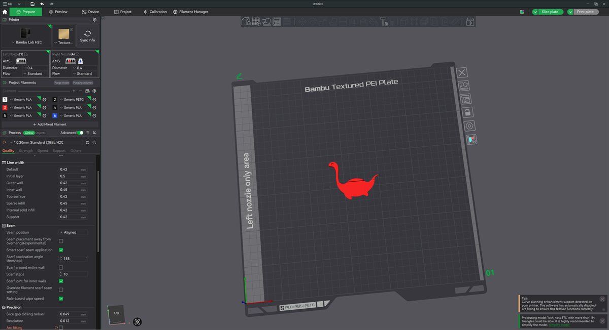 A dinosaur bookmark arranged on the print bed in slicing software