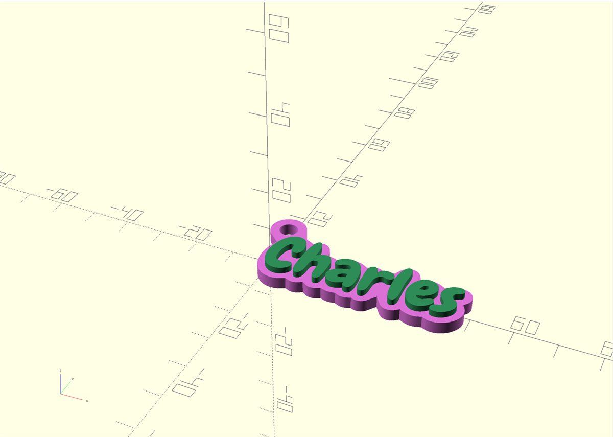 A personalized name keychain laid out in parametric design software